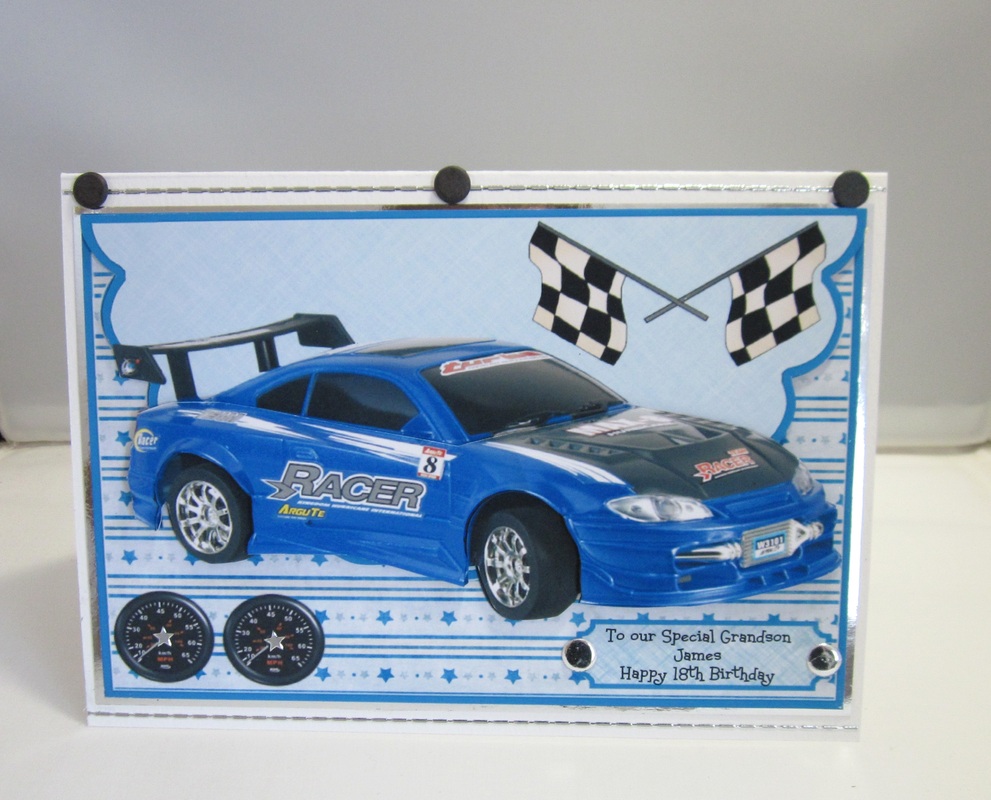 Blue racing car birthday card (layered)